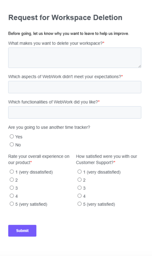 WebWork Time Tracker Workspace Deletion Form 