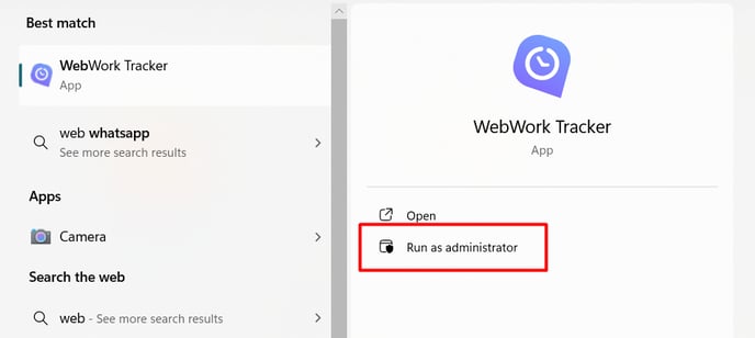 WebWork Tracker Run As Admin Interface.
