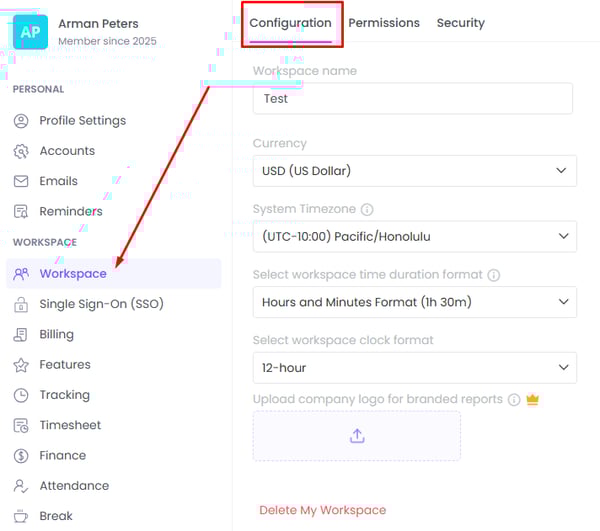 WebWork Time Tracker Workspace Configuration Settings 