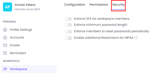 WebWork Time Tracker Workspace Security Settings
