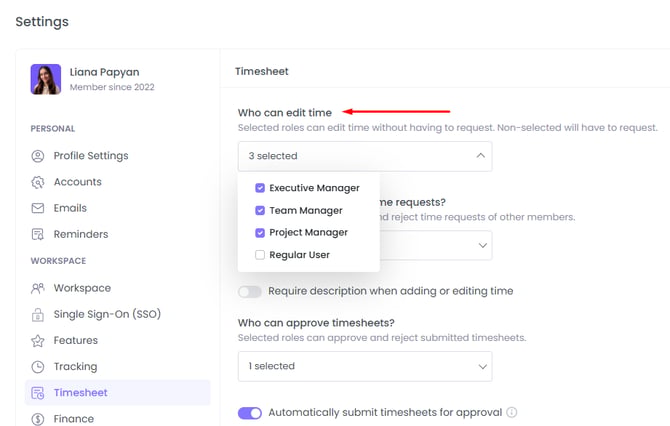 Who can edit time on WebWork Time Tracker