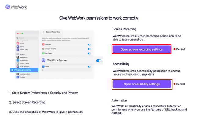 WebWork Silent Tracker permissions pop-up