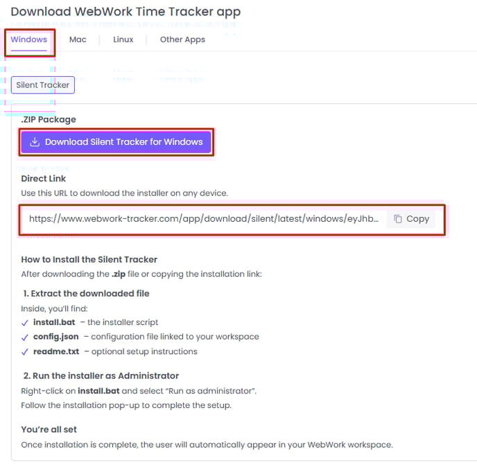 Download instructions for WebWork Silent Tracker Windows 