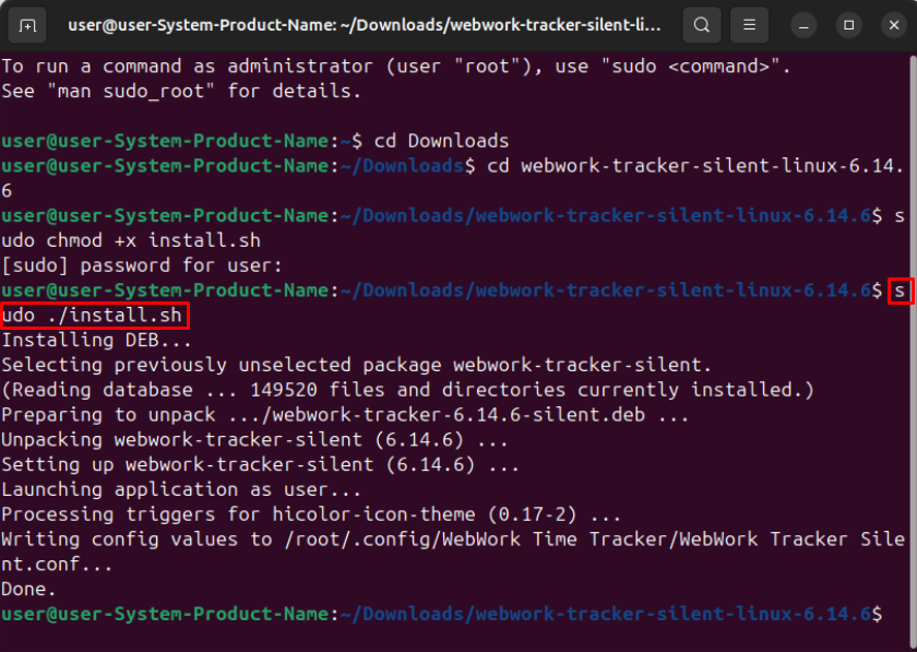 WebWork Silent Tracker installation commands for Linux