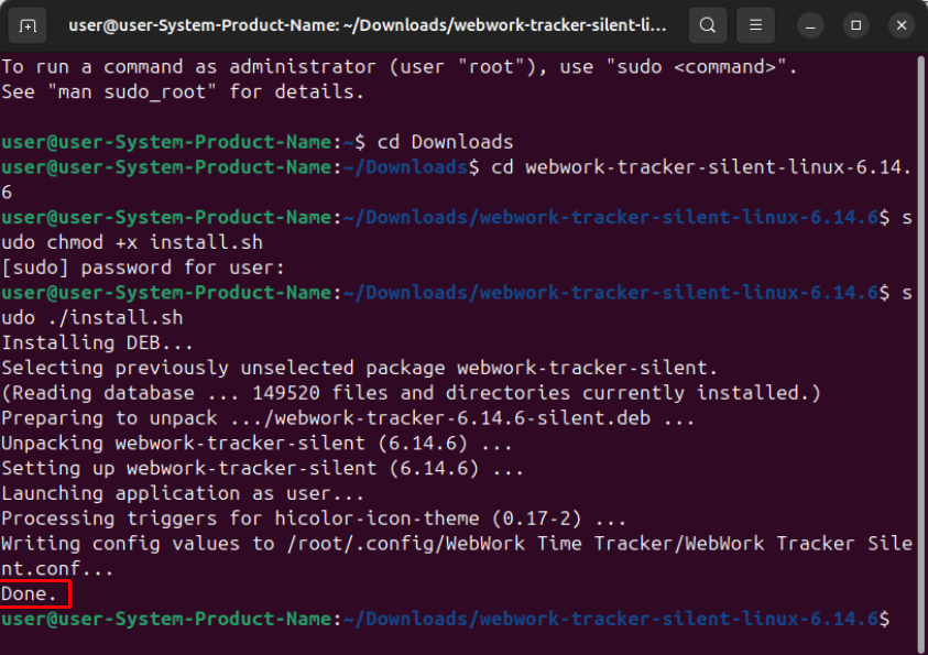 WebWork Silent Tracker installation commands for Linux