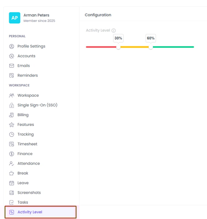 Activity Level Settings 