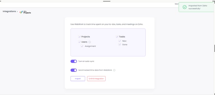 Zoho Projects Integration Settings with WebWork