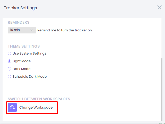 WebWork Expanded Time Tracker Change Workspace
