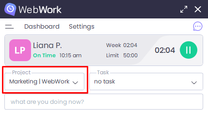 Select project on WebWork Tracker App