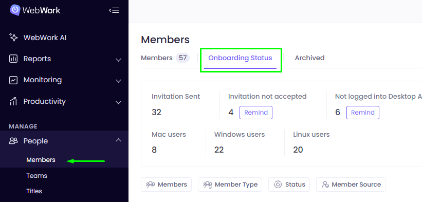 onboarding status of workspace members in WebWork