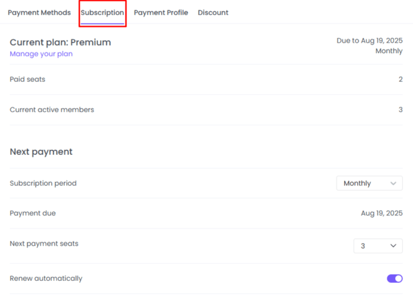 WebWork Time Tracker Billing Settings Subscriptions Page  