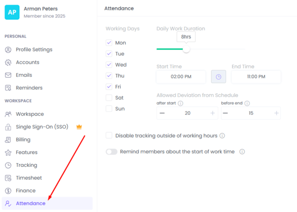 WebWork Time Tracker Attendance Settings Pro Plan