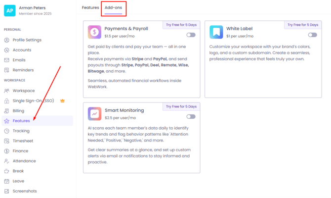 Features Settings Add-ons Tab