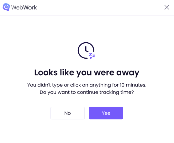 inactive pop-up in WebWork Desktop Time Tracker
