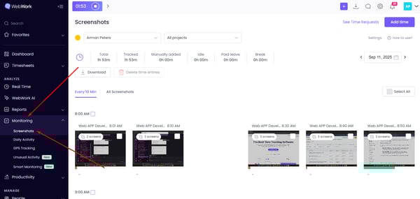 WebWork Time Tracker Screenshots Section