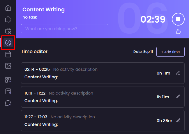 Add and edit time tab on WebWork Desktop Time Tracker