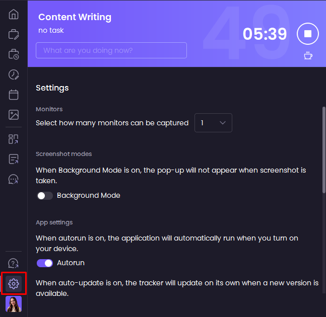 Desktop Time Tracker settings in WebWork