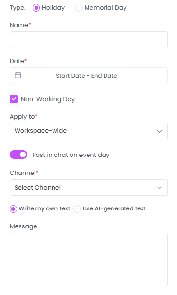 add holiday and memorial day to your WebWork workspace