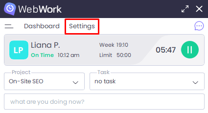 WebWork Tracker App Settings