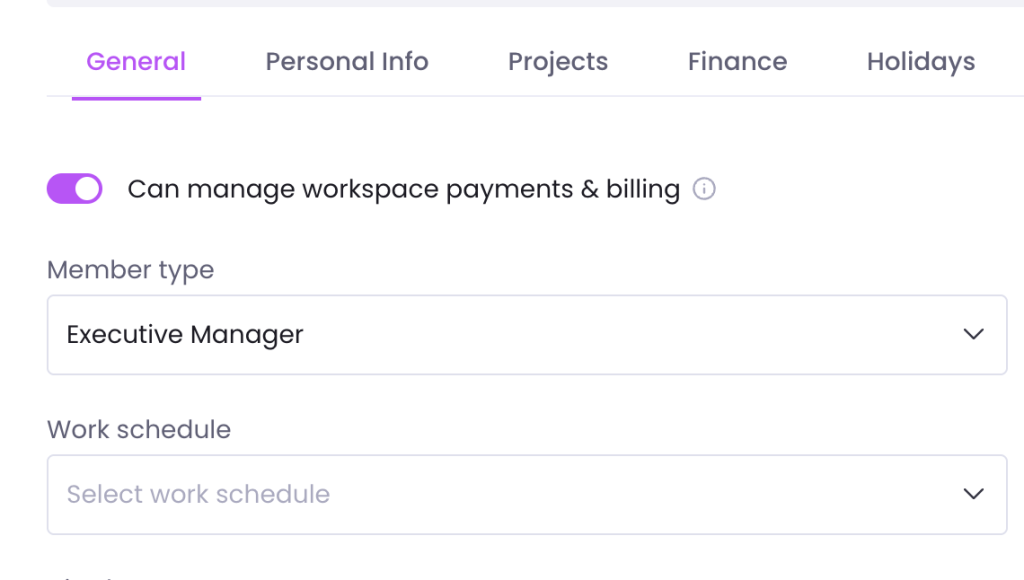 Give Executive Managers permission to manage workspace payments and billing in WebWork Time Tracker settings.