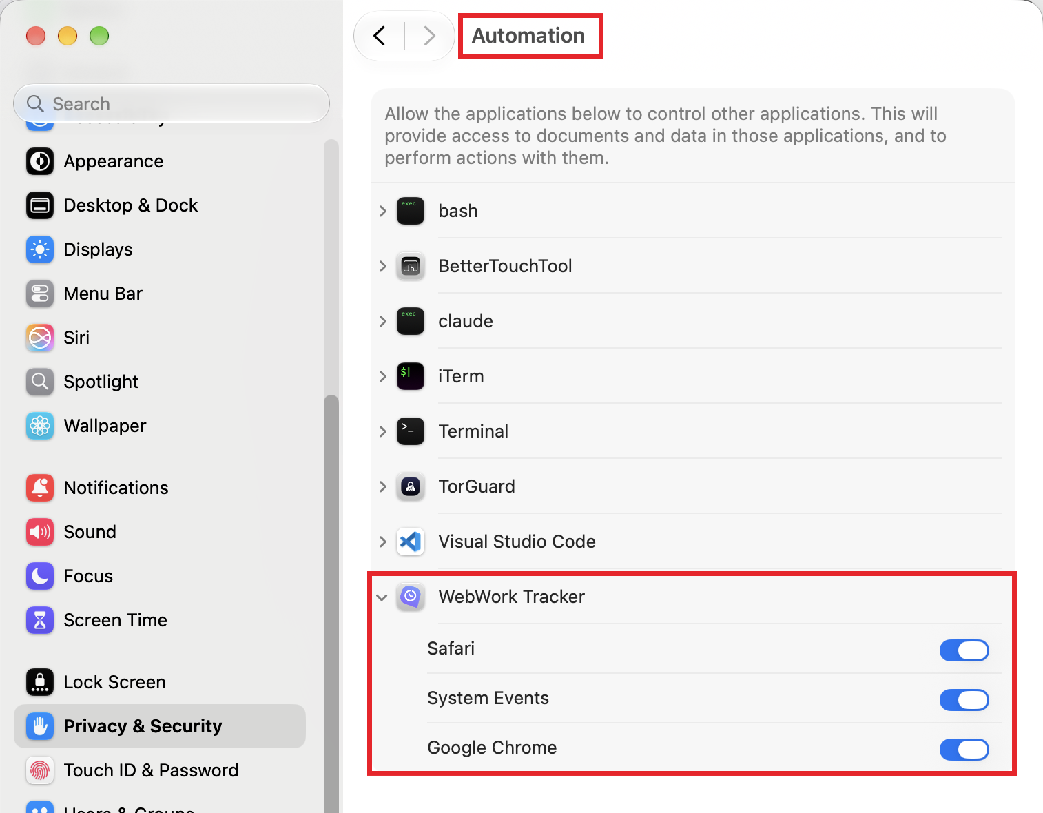 macOS 27 Automation settings with WebWork Tracker expanded and its browser toggles turned on
