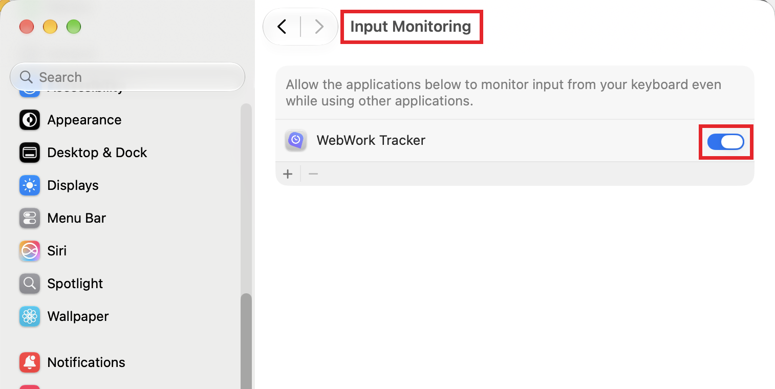 macOS 27 Input Monitoring settings with the WebWork Tracker toggle turned on