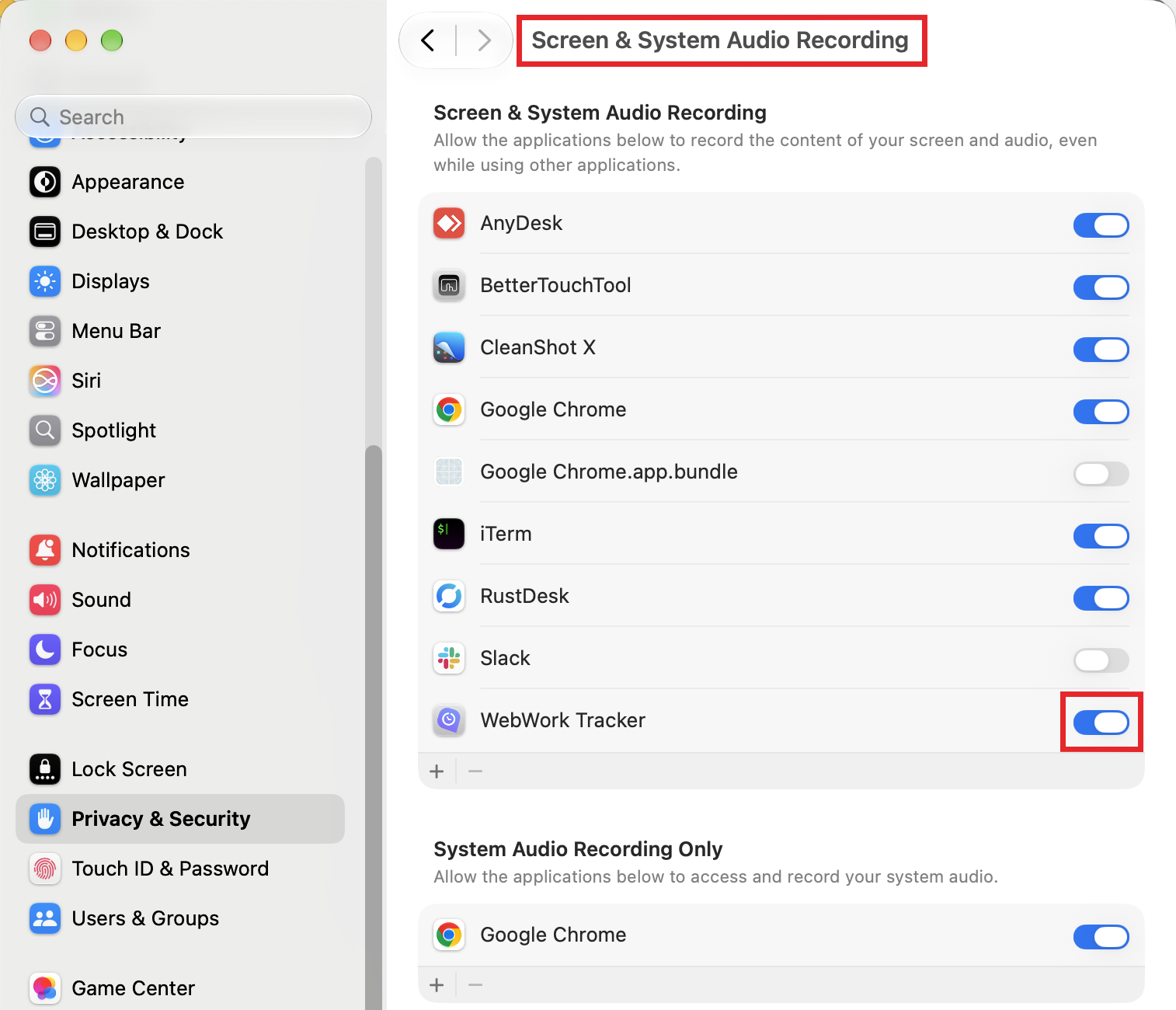 macOS 27 Screen & System Audio Recording settings with the WebWork Tracker toggle turned on