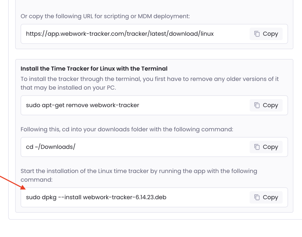 Command for installing WebWork Time Tracker on Linux devices