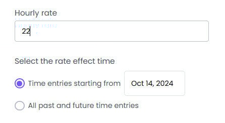 The “Select the rate effect time” section in the Project Details window in WebWork, which appears after entering a new hourly rate for a project.