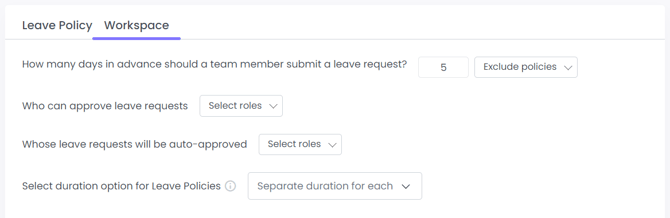A screenshot showing the Workspace pane of the Leave settings page in WebWork.