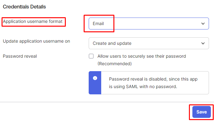 Okta SAML configuration Credentials Details page