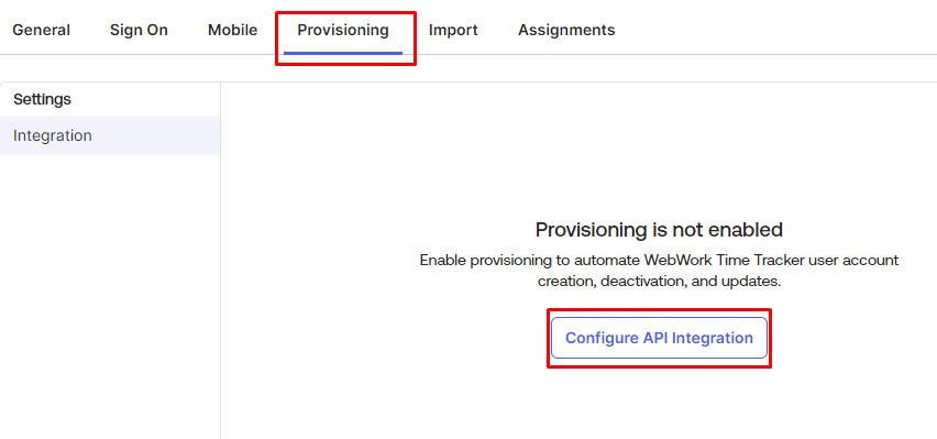 The Provisioning tab of the WebWork app in Okta