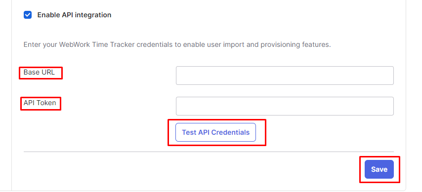The WebWork API integration screen in Okta