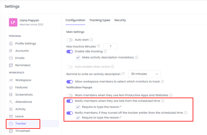 How to activate late-coming and early-leaving pop-ups on WebWork and see why employees are late 
