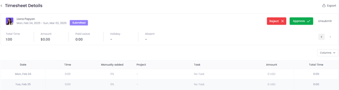Submitted Timesheet View in WebWork Time Tracker