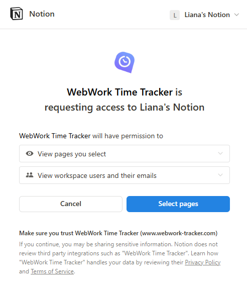 Give WebWork access to your Notion