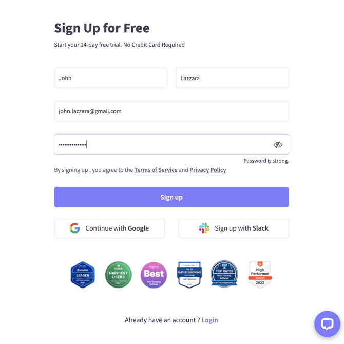 Sign Up on WebWork Time Tracker