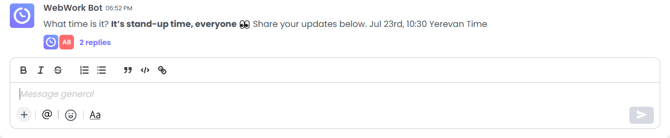 A standup message in WebWork Chat