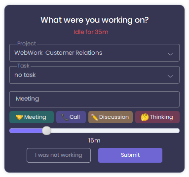 idle time pop-up in WebWork Time Tracker