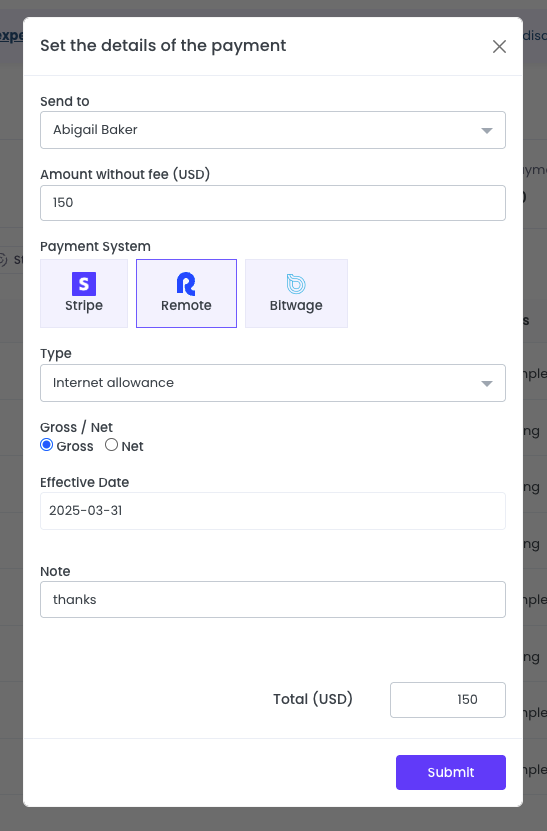 Make payments with Remote on WebWork Time Tracker
