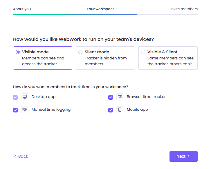 Tracker types in WebWork onboarding