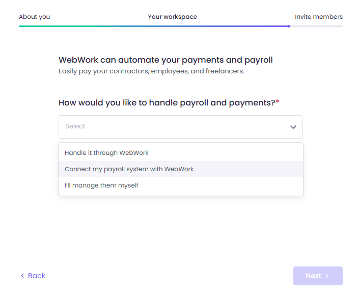 payment methods in WebWork onboarding