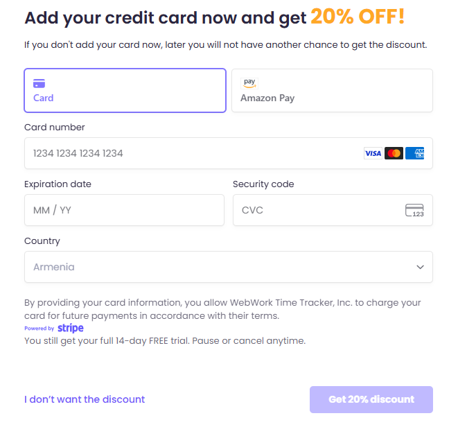 attach credit card to get 20% off in WebWork