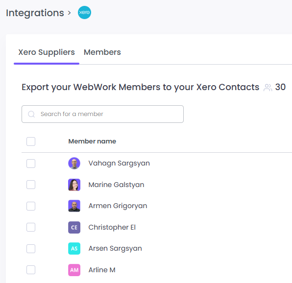 export members from WebWork to Xero