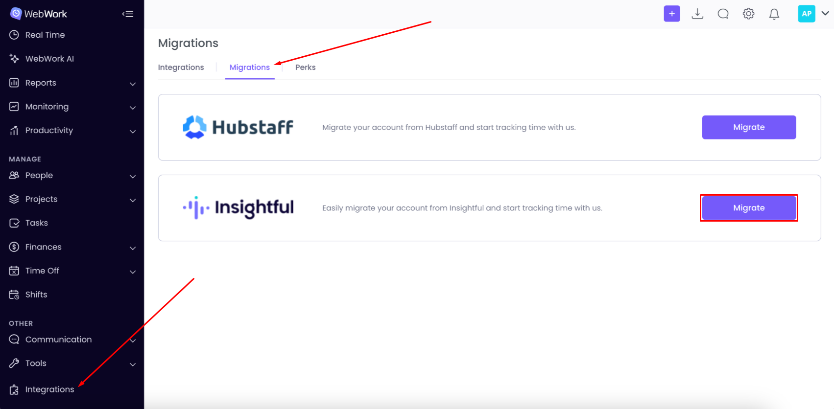 WebWork Time Tracker Insightful Migrations Page 