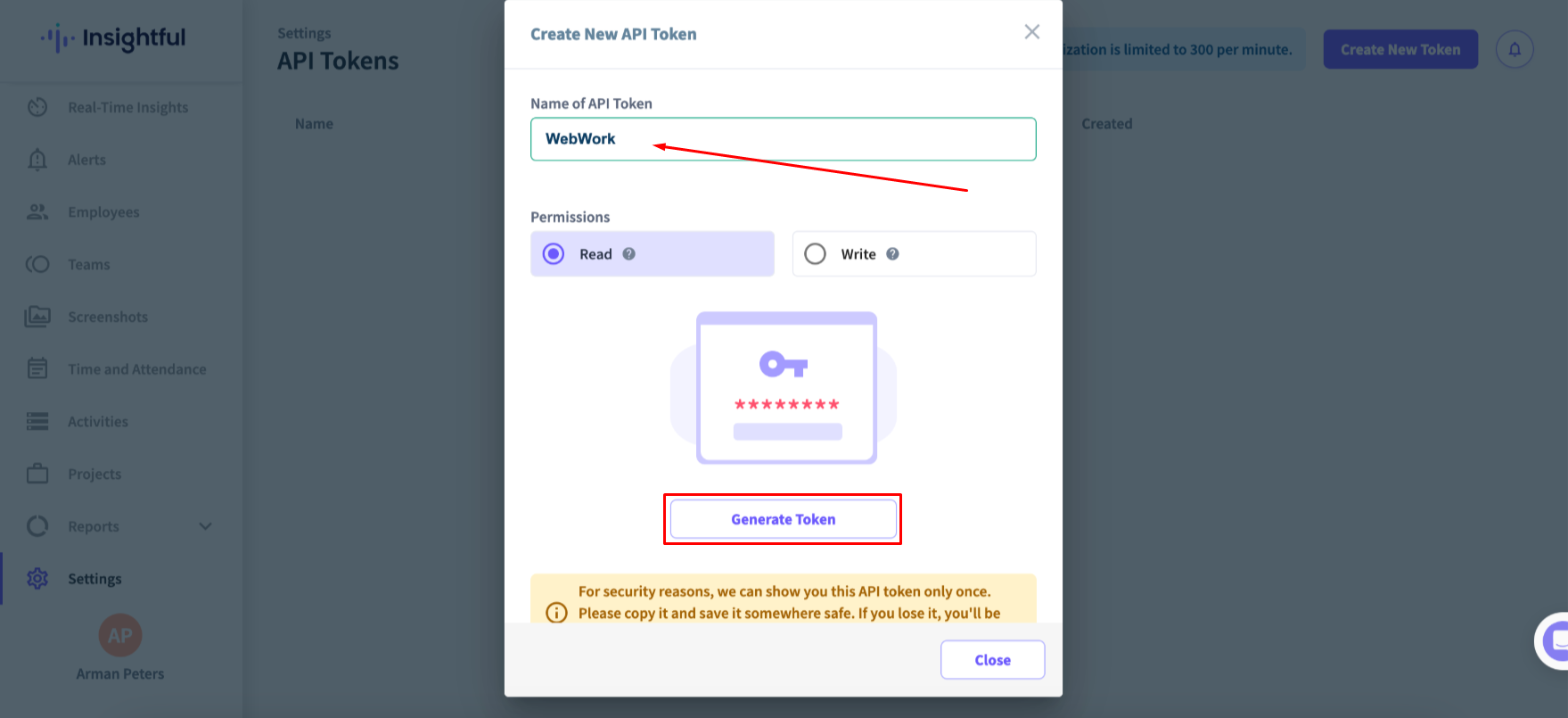 WebWork Time Tracker Insightful API Token Page