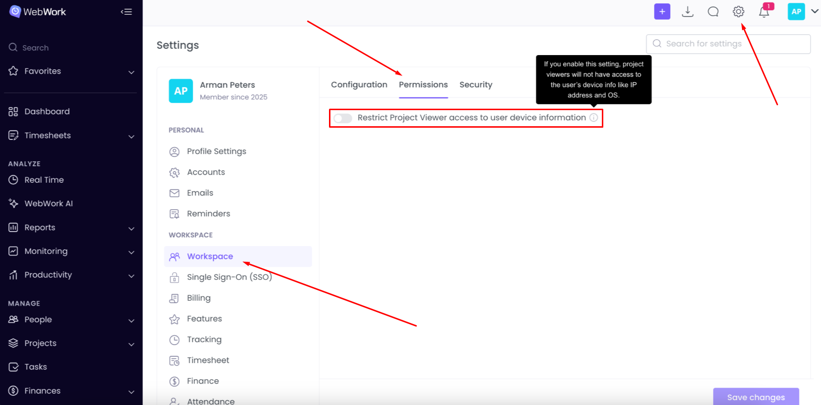 WebWork Time Tracker Workspace Permissions Settings Page
