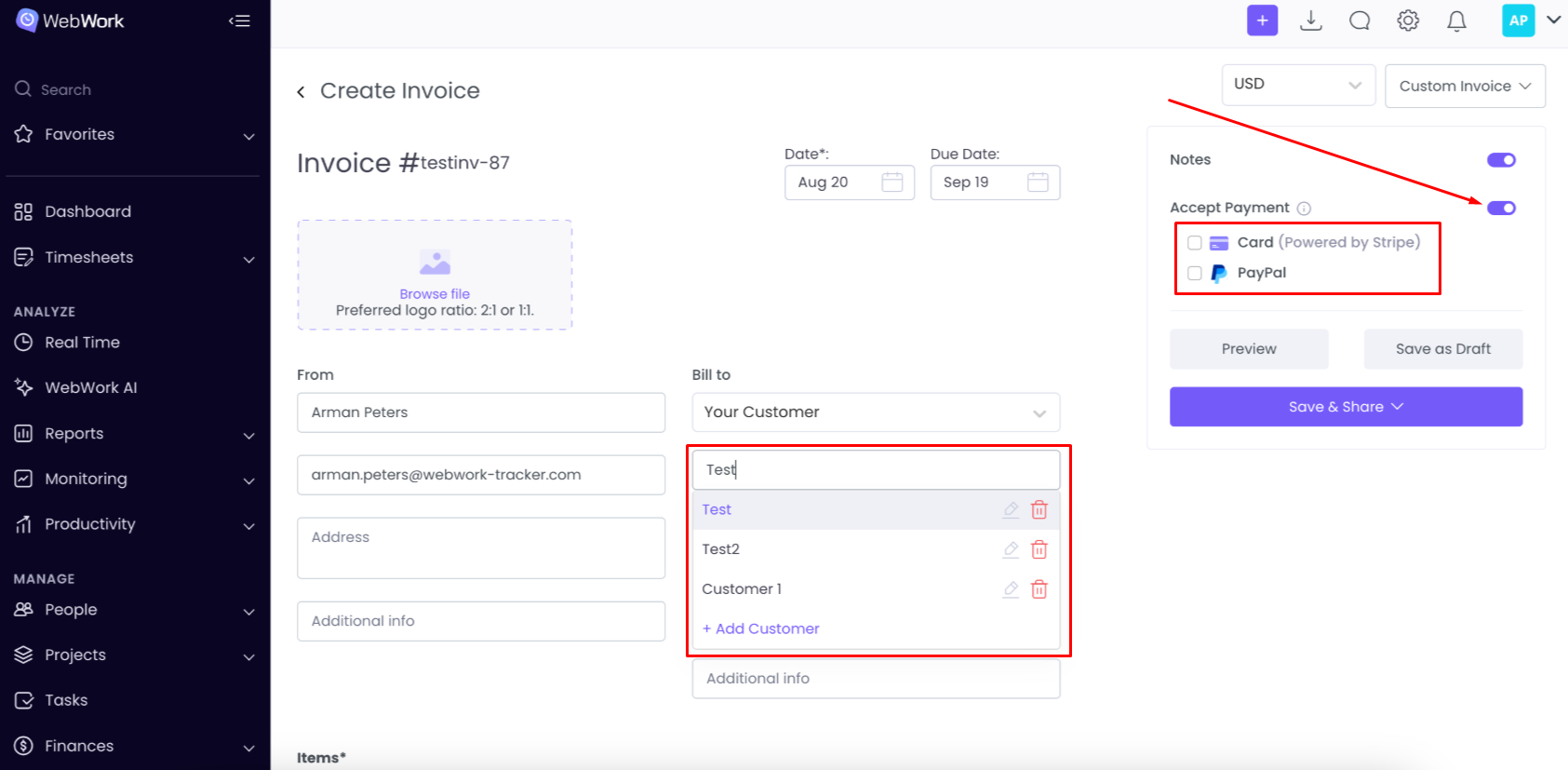 WebWork Time Tracker Invoice Creation Page