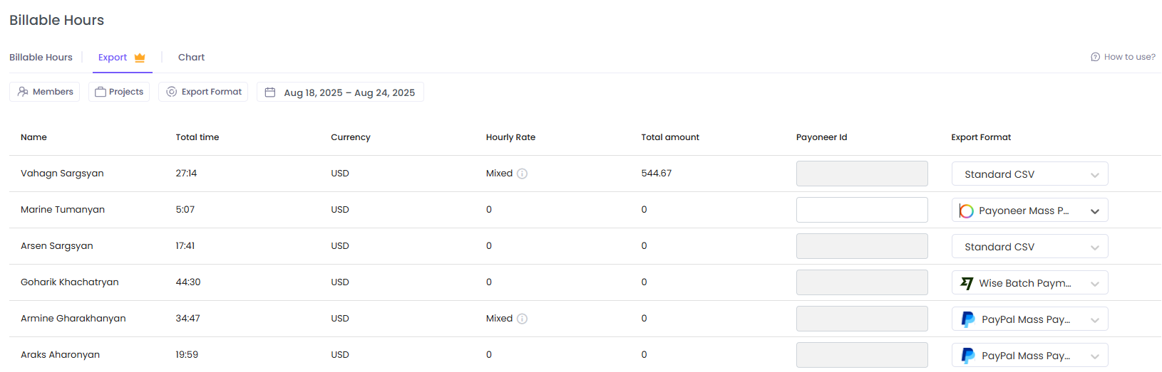 Export Tab in Billable Hours Report on WebWork