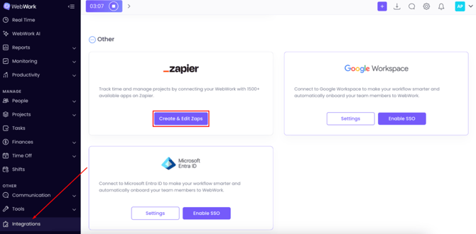 WebWork Time Tracker Integrations Page